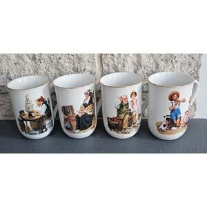 Norman Rockwell Mugs (4)  A Good Boy Memories Music Master The Cobbler, Gold Rim